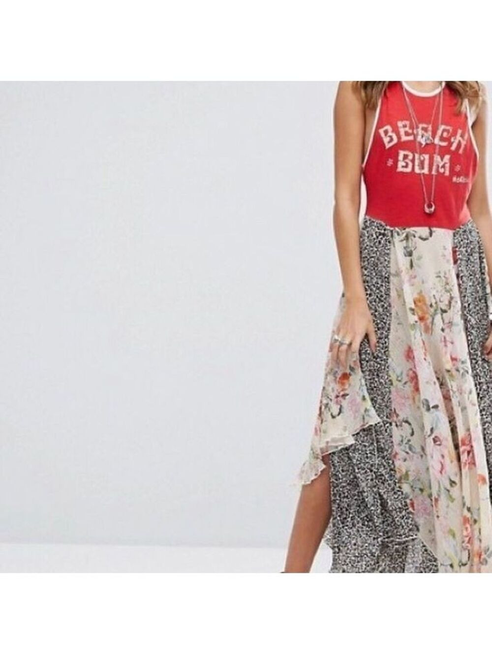 Free People Mixed Patchwork Print Beach Maxi Dress Red Racerback Beachwood Y2K